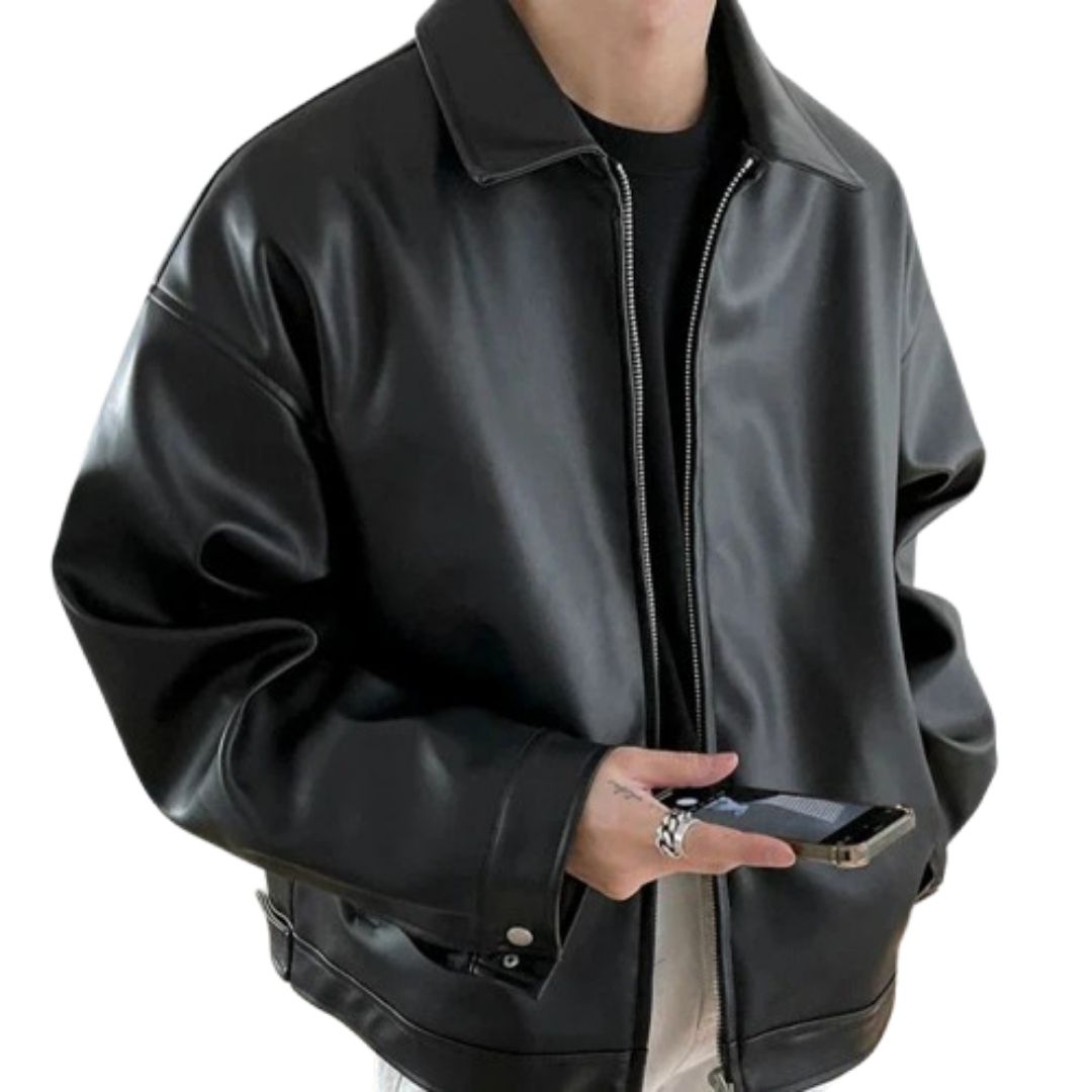 Men's Black Zip-Front Jacket with Relaxed Silhouette for Casual Weekend Wear | Koossa