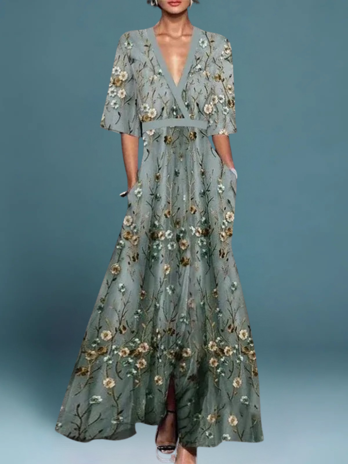Women's Floral Maxi Dress in Green with Flowing Silhouette for Garden Parties and Summer Weddings | Elegant Long Dress | Koossa