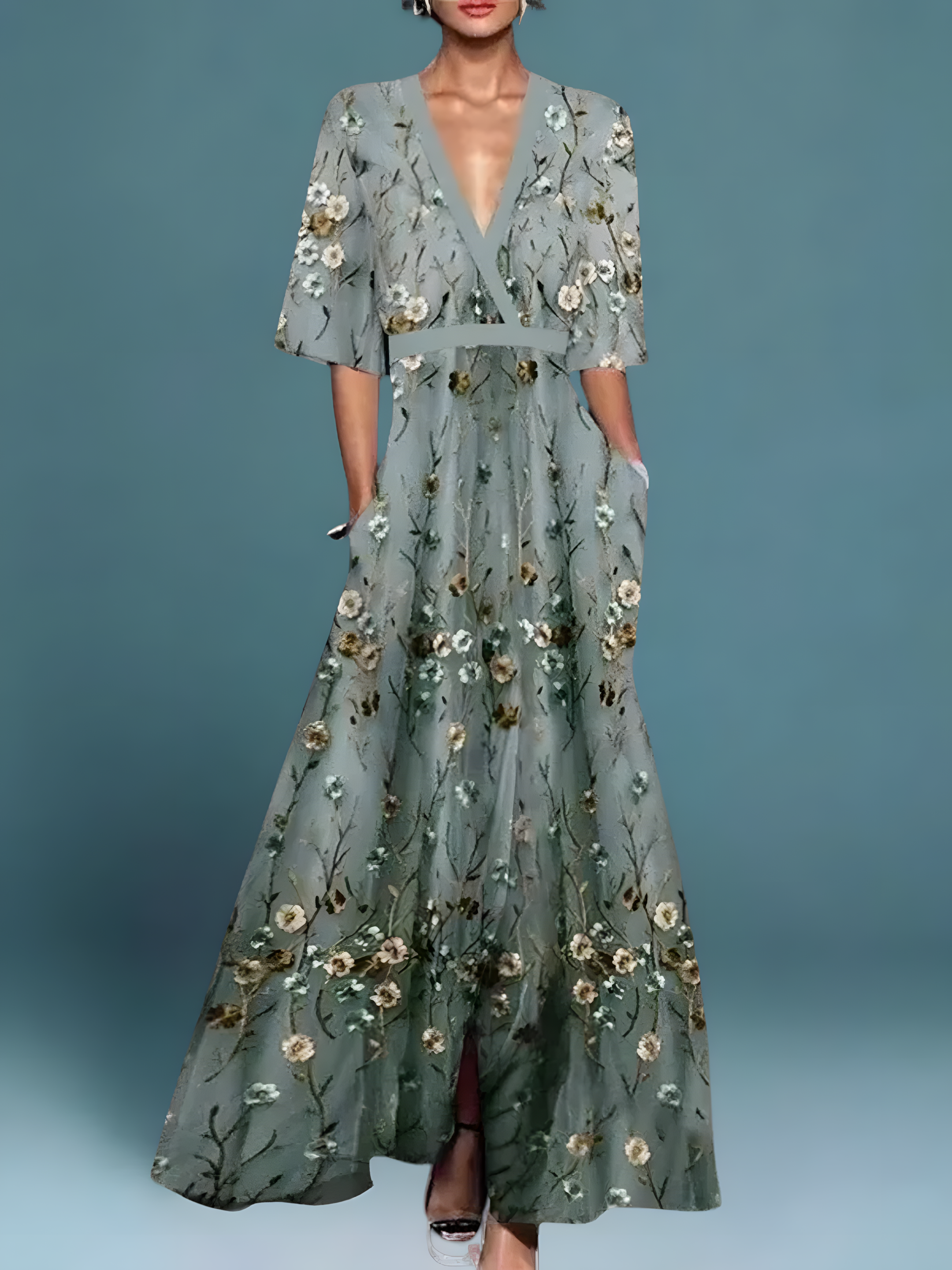 Women's Floral V-Neck Midi Dress in Soft Cotton Blend for Garden Parties, Luncheons, and Summer Gatherings | Koossa