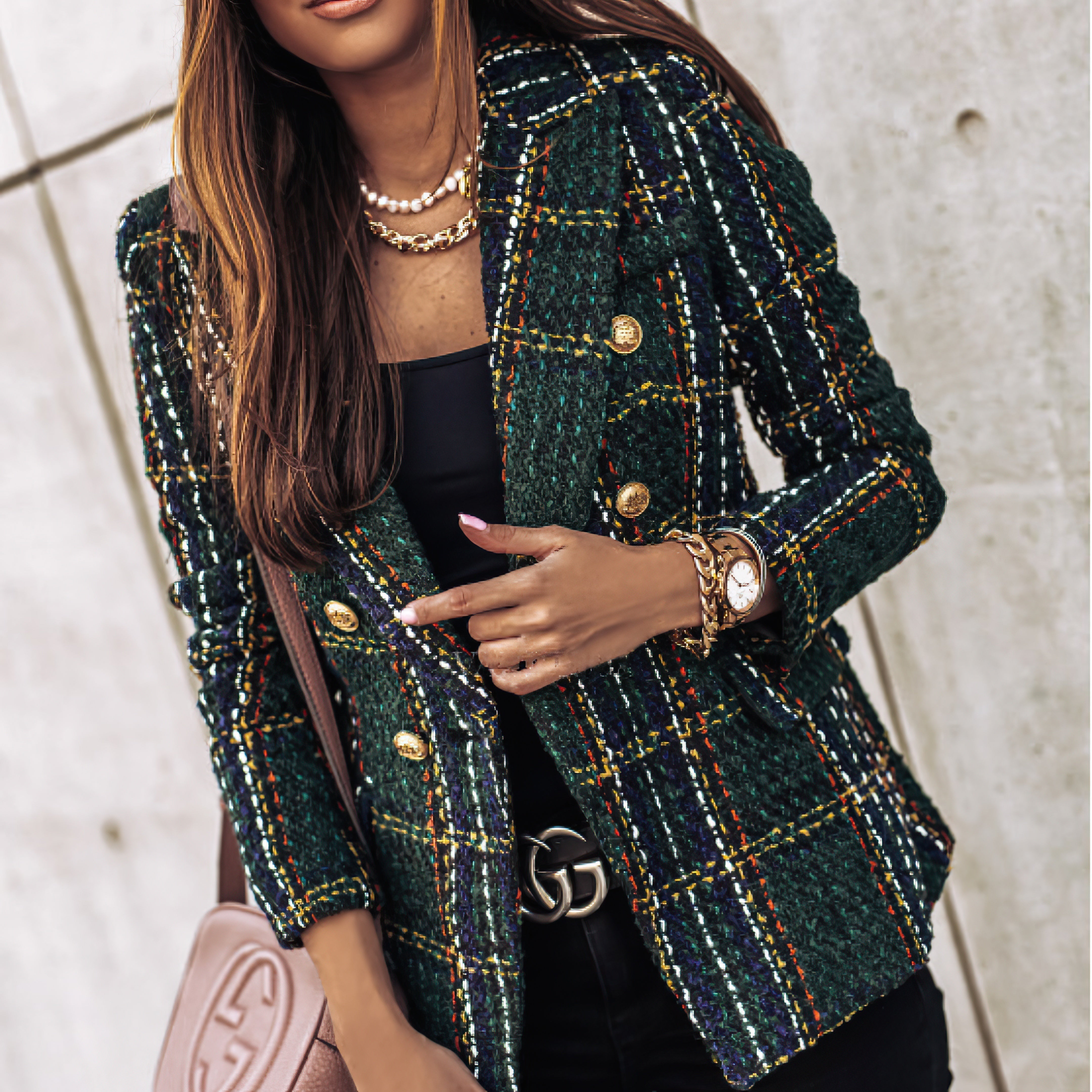 Women's Check Double-Breasted Blazer in Four Rich Autumn Tones — Tailored Structured Office Smart Casual Formal Jacket for Work Evening Dinner | Koossa