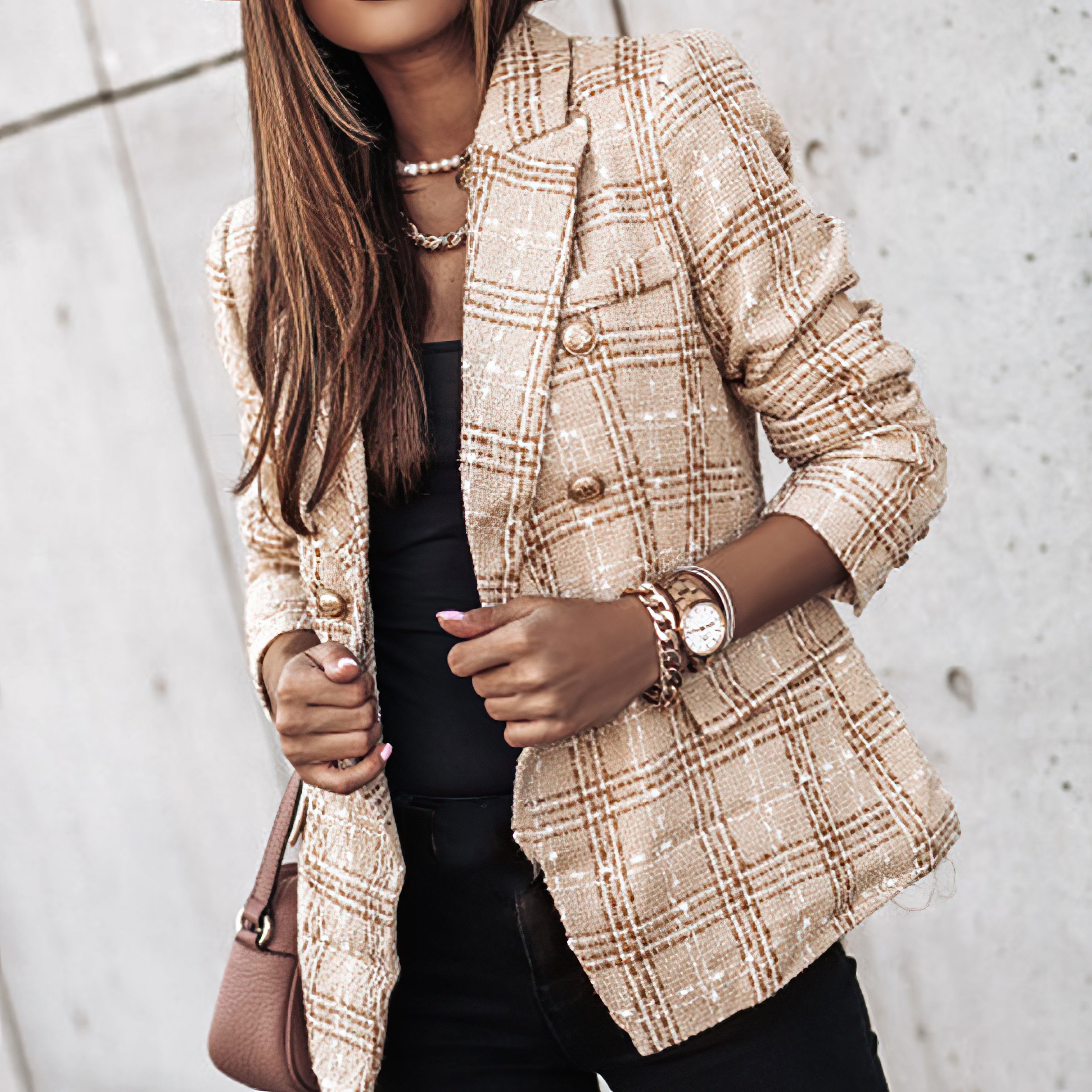 Women's Check Double-Breasted Blazer in Four Rich Autumn Tones — Tailored Structured Office Smart Casual Formal Jacket for Work Evening Dinner | Koossa