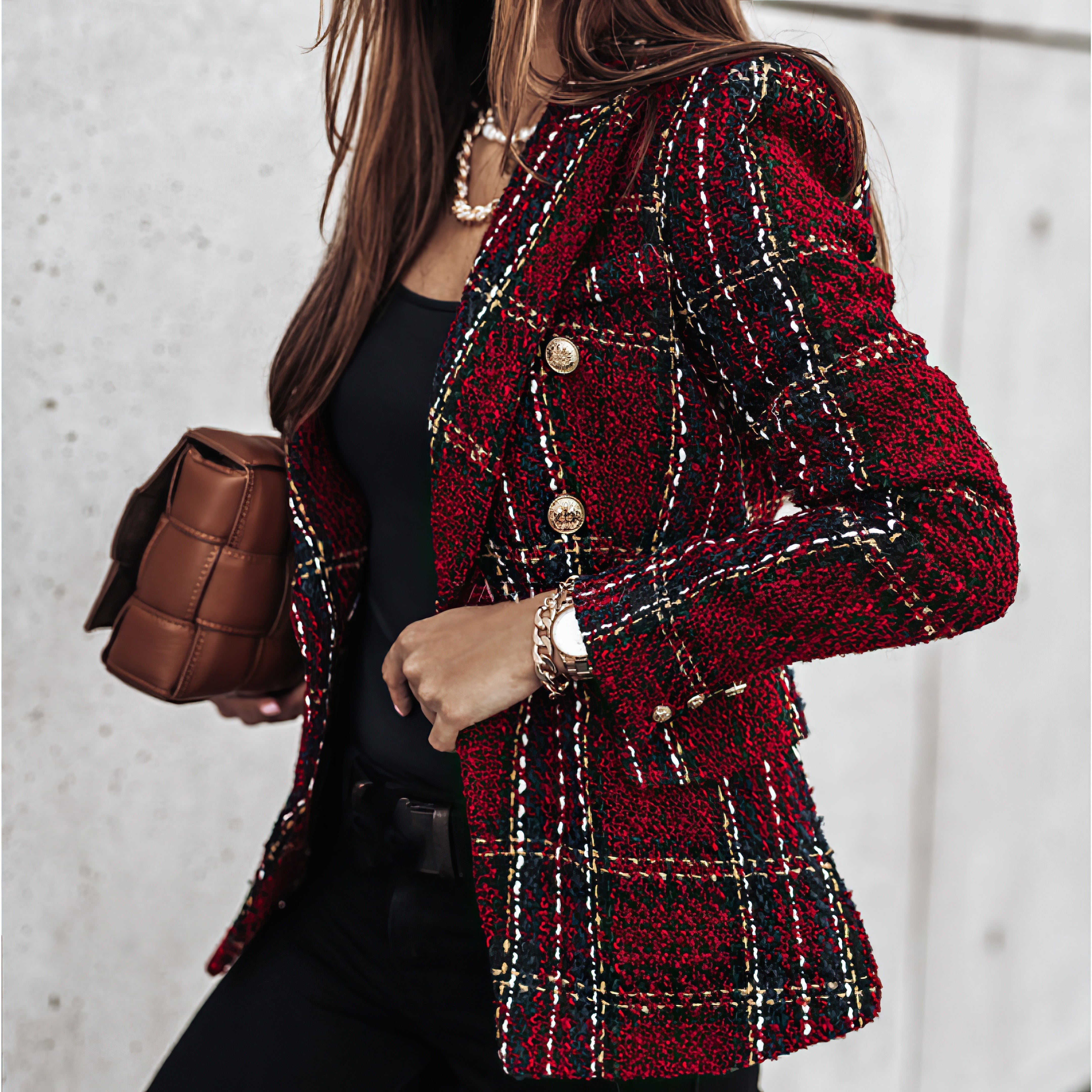 Women's Check Double-Breasted Blazer in Four Rich Autumn Tones — Tailored Structured Office Smart Casual Formal Jacket for Work Evening Dinner | Koossa