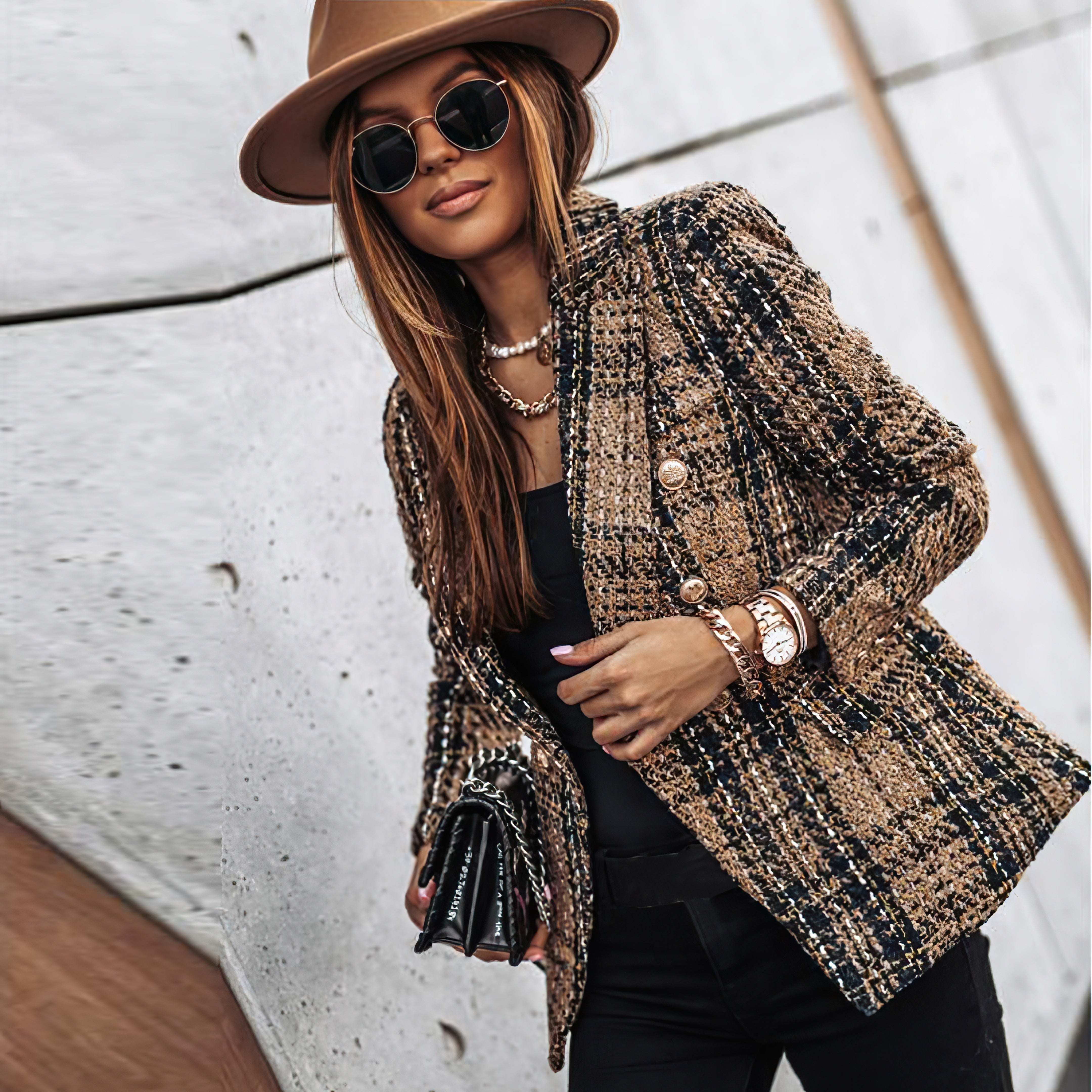 Women's Check Double-Breasted Blazer in Four Rich Autumn Tones — Tailored Structured Office Smart Casual Formal Jacket for Work Evening Dinner | Koossa