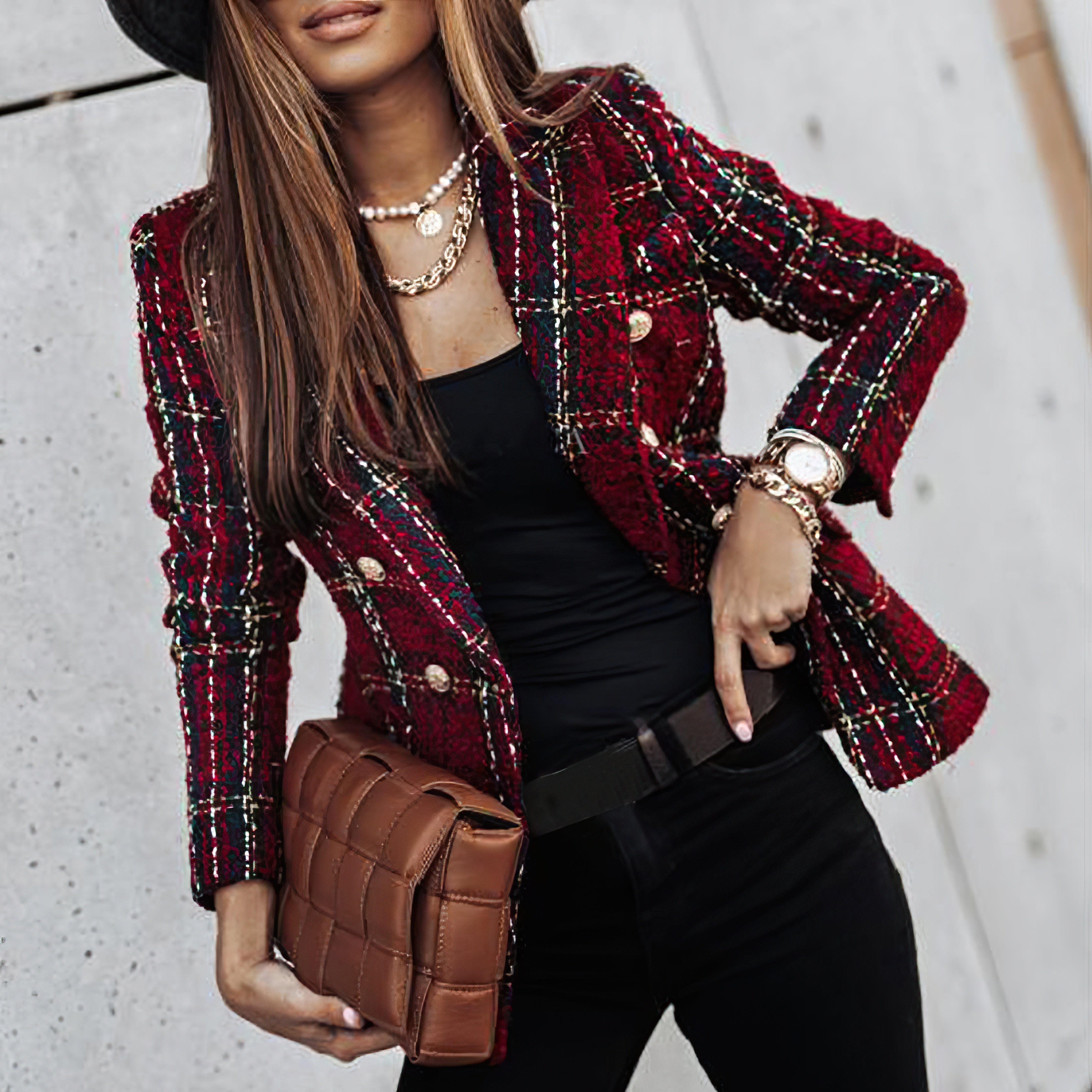 Women's Check Double-Breasted Blazer in Four Rich Autumn Tones — Tailored Structured Office Smart Casual Formal Jacket for Work Evening Dinner | Koossa
