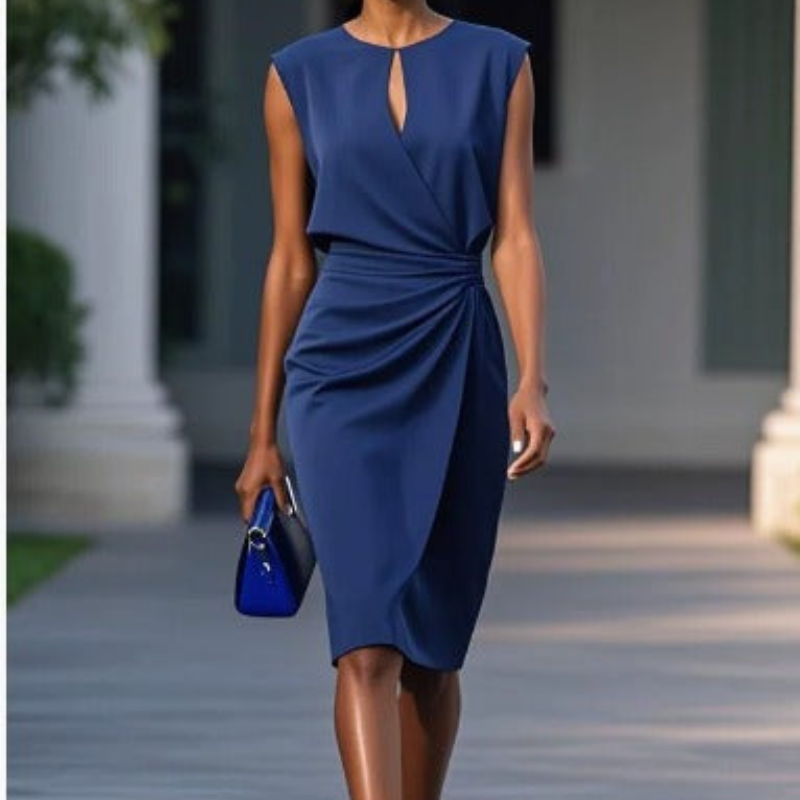 Women's Ruched Waist Midi Dress with Keyhole Neckline in Light Blue, White, Black, Green, Red and Navy – Elegant Occasion Wear for Weddings, Parties and Evening Events | Koossa