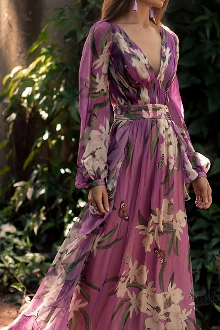 Purple Maxi Dress Long Sleeve V-Neck Floral Print Evening Gown Garden Party Formal Occasion Flowing Silhouette Elegant Botanical Design | Koossa