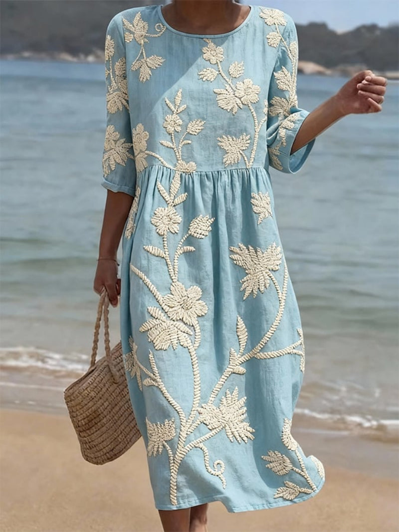 Embroidered Floral Linen Midi Dress in Five Soft Shades | Relaxed Round Neck Summer Dress with Delicate Handcrafted Detailing | Koossa