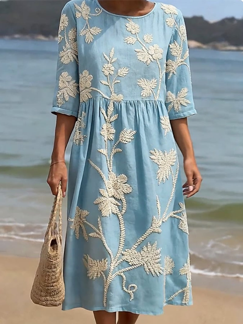 Embroidered Floral Linen Midi Dress in Five Soft Shades | Relaxed Round Neck Summer Dress with Delicate Handcrafted Detailing | Koossa