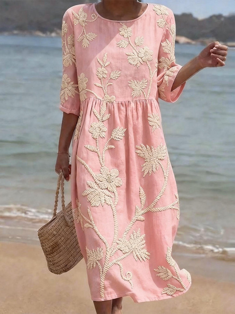 Embroidered Floral Linen Midi Dress in Five Soft Shades | Relaxed Round Neck Summer Dress with Delicate Handcrafted Detailing | Koossa