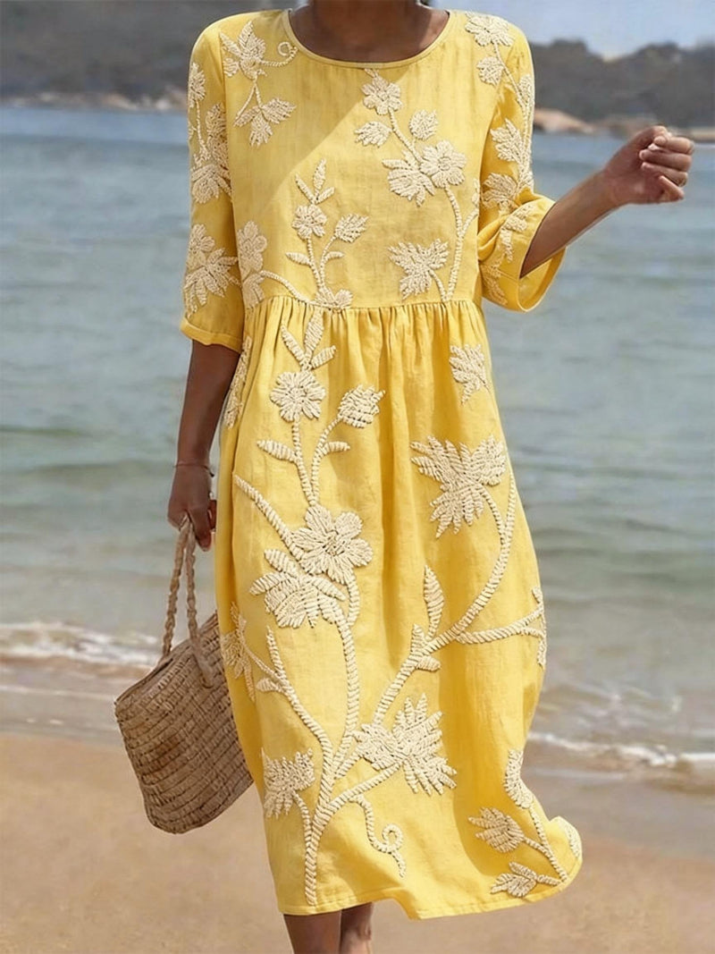 Embroidered Floral Linen Midi Dress in Five Soft Shades | Relaxed Round Neck Summer Dress with Delicate Handcrafted Detailing | Koossa