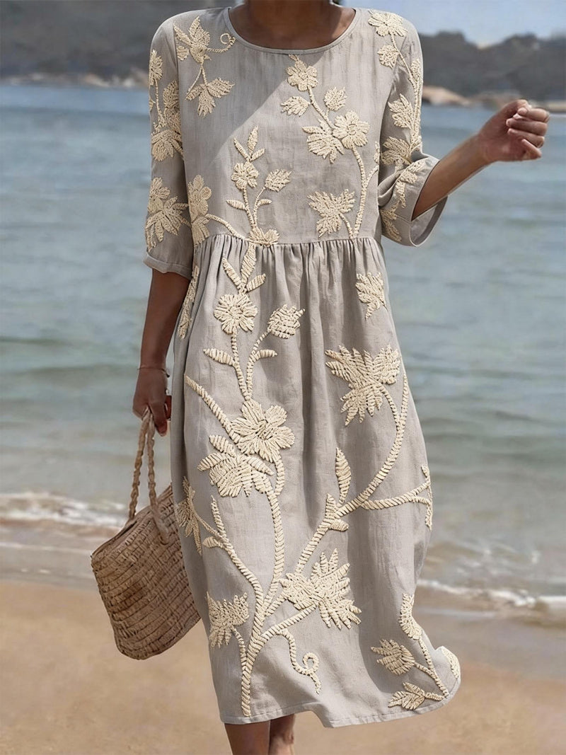 Embroidered Floral Linen Midi Dress in Five Soft Shades | Relaxed Round Neck Summer Dress with Delicate Handcrafted Detailing | Koossa