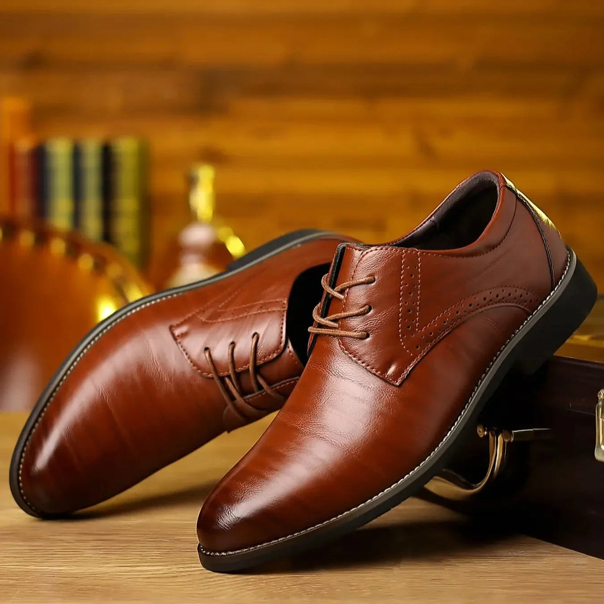 Men's Leather Dress Shoes Classic Oxford Brogues with Wingtip Perforation for Business Wedding Formal Office Suit Footwear | Lonoma