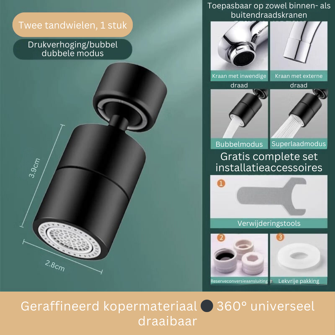 Bec Pivotant 720° pour Robinet Cuisine et Bain – Aérateur Anti-Éclaboussures Double Jet Orientable Universel | Koossa