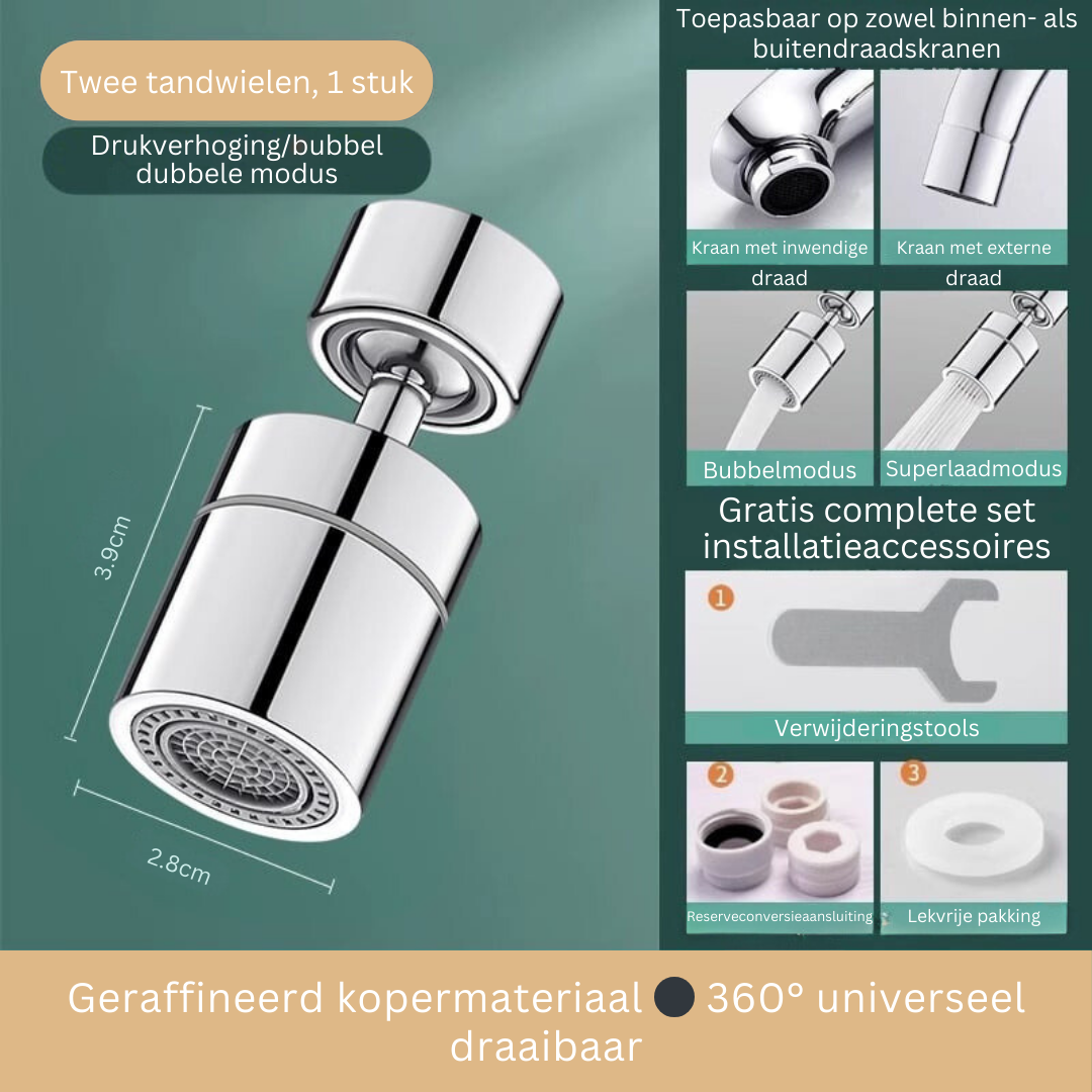 Bec Pivotant 720° pour Robinet Cuisine et Bain – Aérateur Anti-Éclaboussures Double Jet Orientable Universel | Koossa