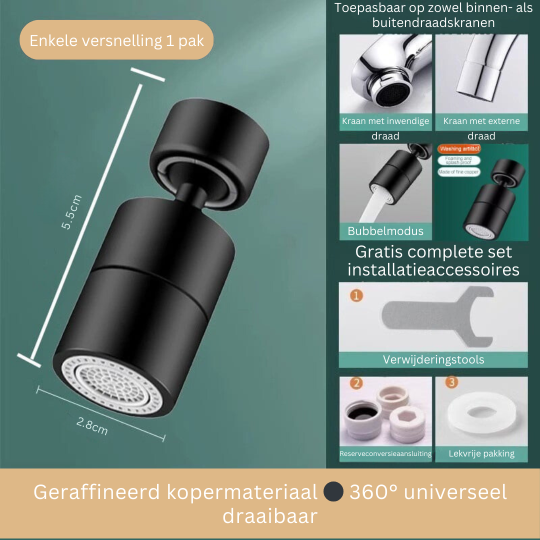 Bec Pivotant 720° pour Robinet Cuisine et Bain – Aérateur Anti-Éclaboussures Double Jet Orientable Universel | Koossa