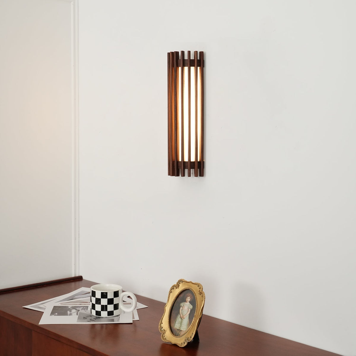 Hardwired Wall Sconce 14 in Walnut Wood Grain with Frosted Acrylic Shade, 10W LED Bedside, Hallway & Living Room Wall Light | Lonoma