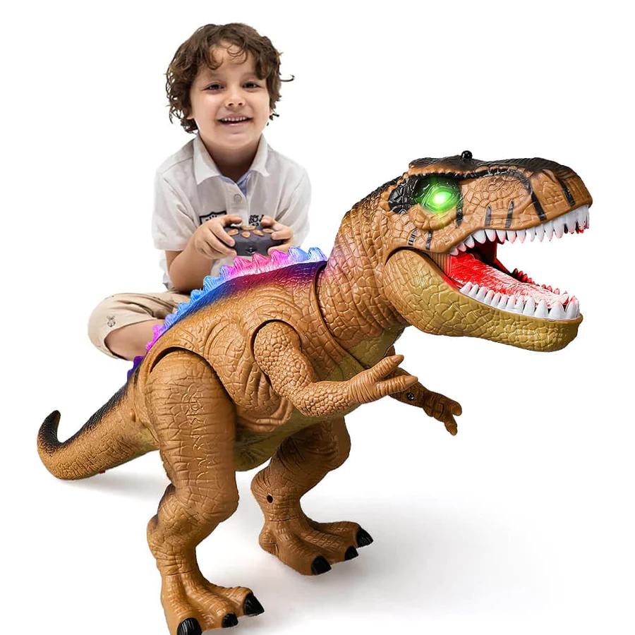 Walking T-Rex Dinosaur Toy with LED Light-Up Eyes & Roar Sounds, 18 in Rechargeable Electric Dino Figure for Kids, Brown or Green | Lonoma