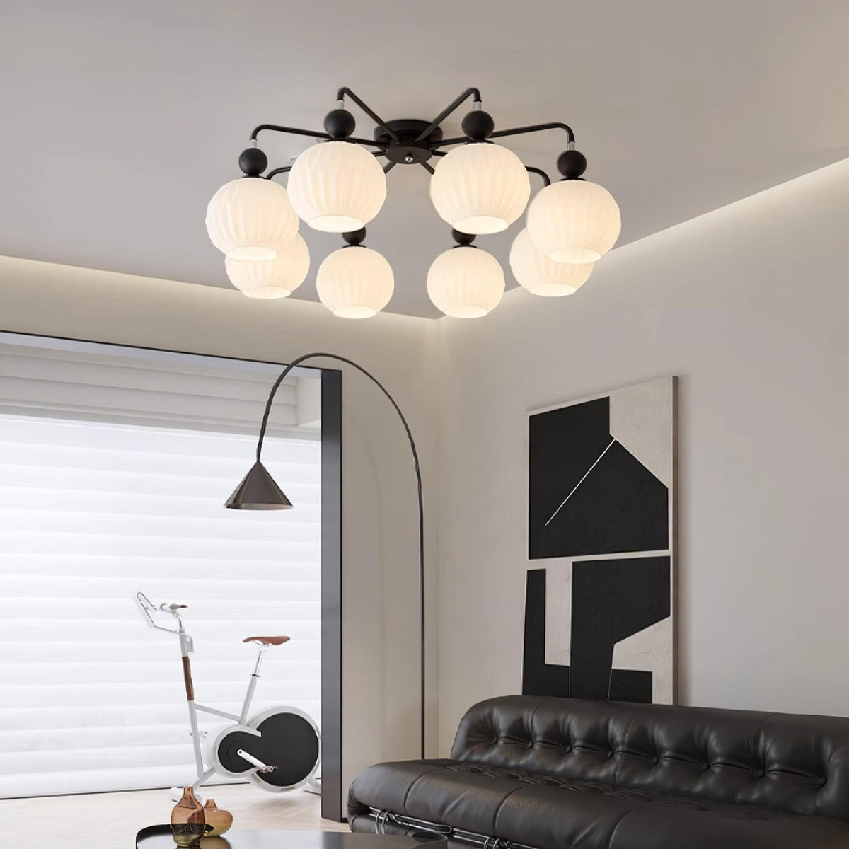 Sculptural Semi-Flush Ceiling Light with Rippled Glass Globes for Dining Room | Modern Multi-Arm Chandelier Fixture | Lonoma