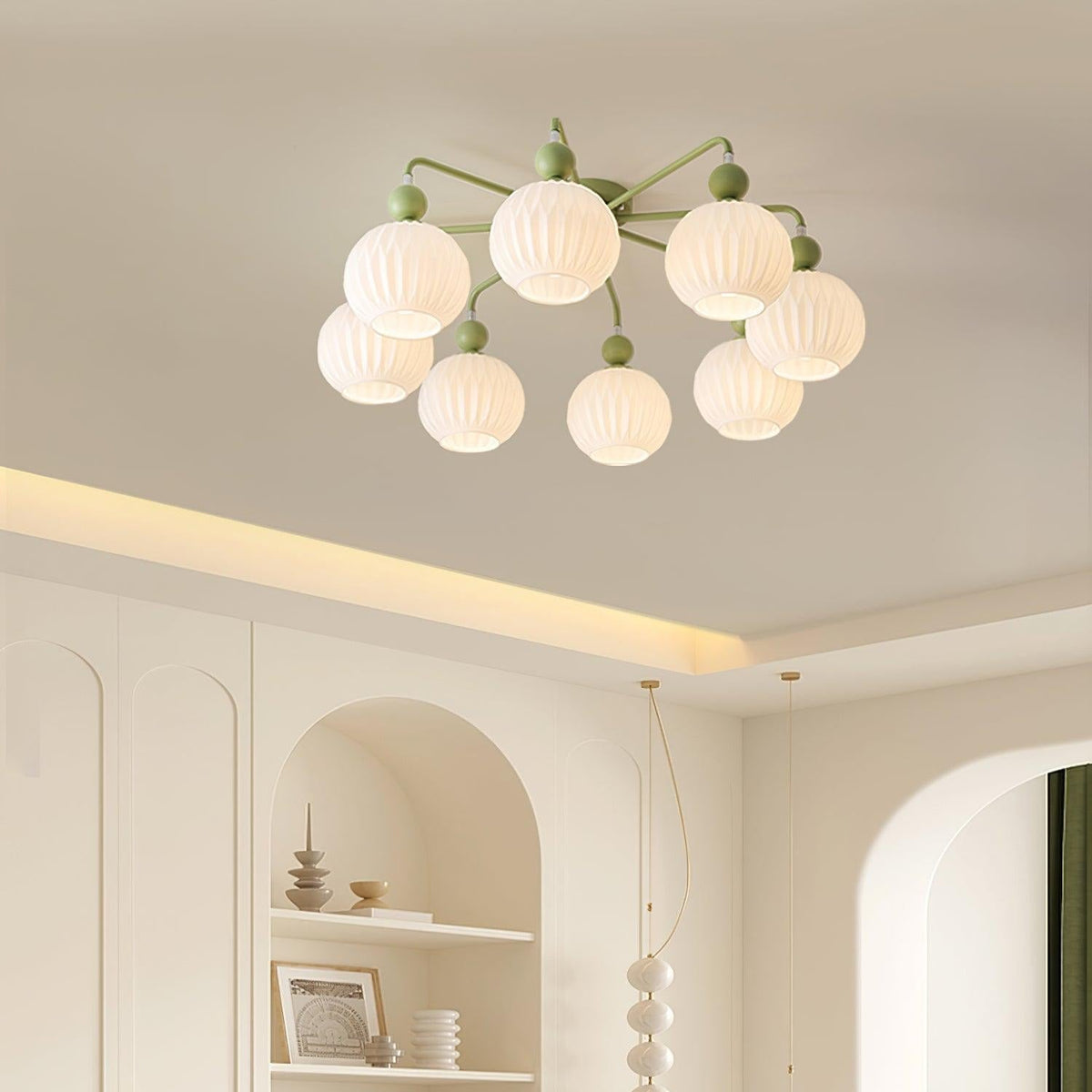 Sculptural Semi-Flush Ceiling Light with Rippled Glass Globes for Dining Room | Modern Multi-Arm Chandelier Fixture | Lonoma
