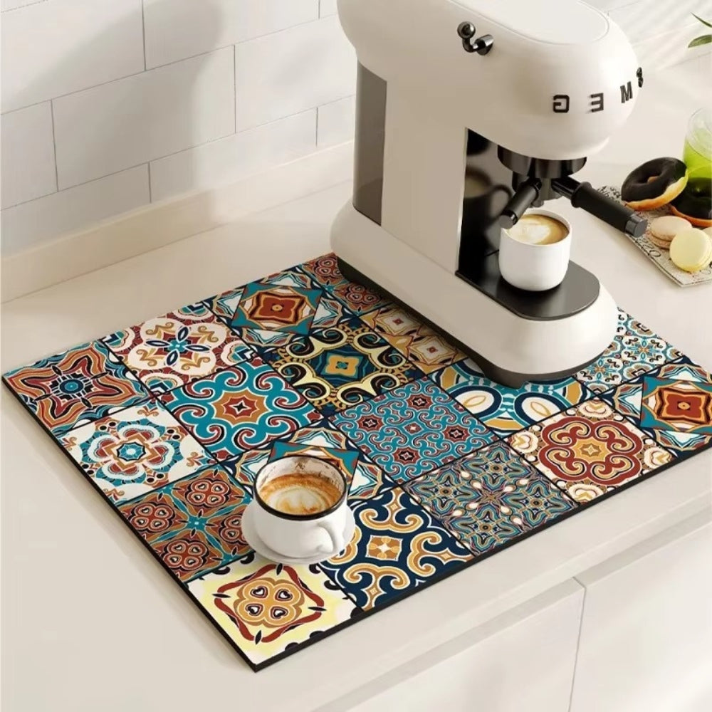 Diatomaceous Earth Drying Mat, Quick Dry Absorbent Stone Pad for Kitchen Counter, Coffee Bar, Dish Sink Drainer, Retro Tile Pattern | Lonoma
