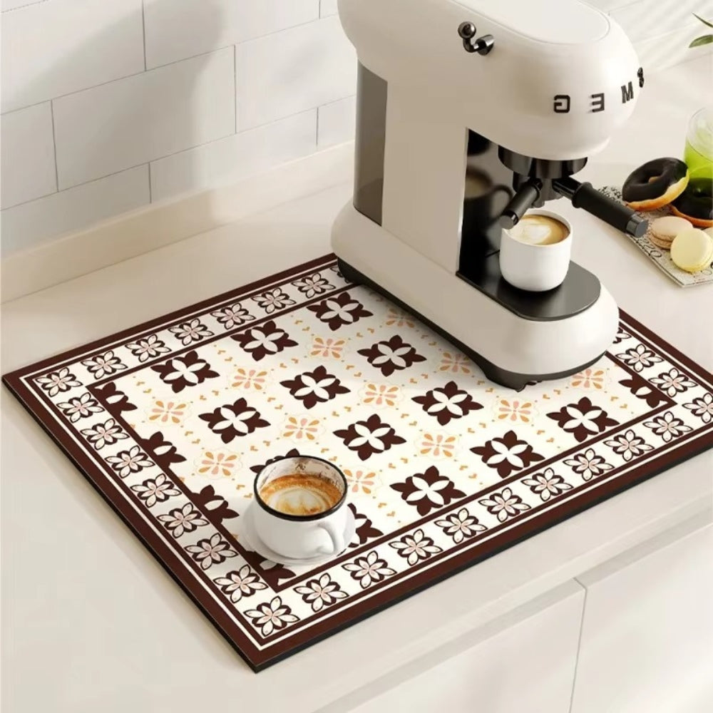 Diatomaceous Earth Drying Mat, Quick Dry Absorbent Stone Pad for Kitchen Counter, Coffee Bar, Dish Sink Drainer, Retro Tile Pattern | Lonoma