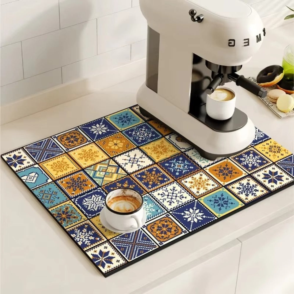 Diatomaceous Earth Drying Mat, Quick Dry Absorbent Stone Pad for Kitchen Counter, Coffee Bar, Dish Sink Drainer, Retro Tile Pattern | Lonoma