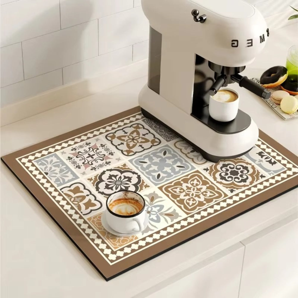 Diatomaceous Earth Drying Mat, Quick Dry Absorbent Stone Pad for Kitchen Counter, Coffee Bar, Dish Sink Drainer, Retro Tile Pattern | Lonoma