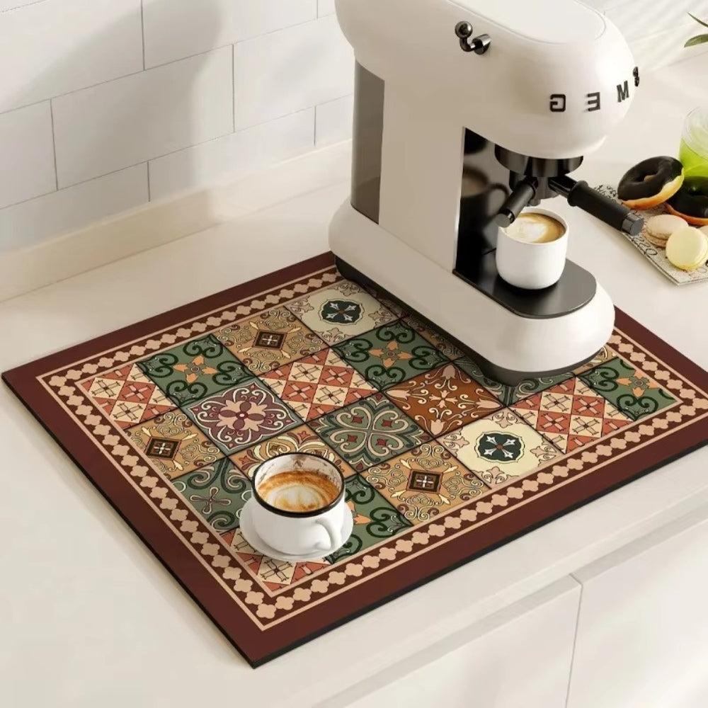 Diatomaceous Earth Drying Mat, Quick Dry Absorbent Stone Pad for Kitchen Counter, Coffee Bar, Dish Sink Drainer, Retro Tile Pattern | Lonoma