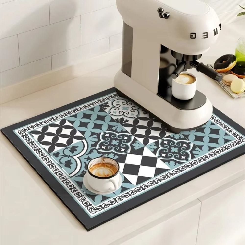 Diatomaceous Earth Drying Mat, Quick Dry Absorbent Stone Pad for Kitchen Counter, Coffee Bar, Dish Sink Drainer, Retro Tile Pattern | Lonoma