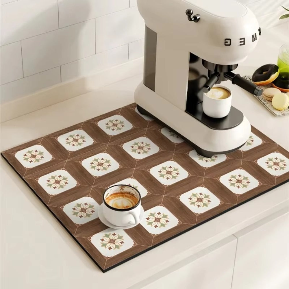 Diatomaceous Earth Drying Mat, Quick Dry Absorbent Stone Pad for Kitchen Counter, Coffee Bar, Dish Sink Drainer, Retro Tile Pattern | Lonoma