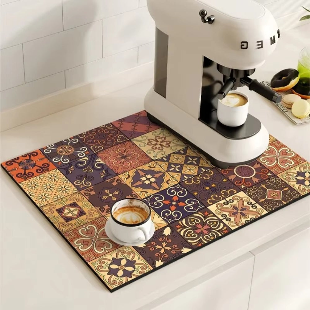 Diatomaceous Earth Drying Mat, Quick Dry Absorbent Stone Pad for Kitchen Counter, Coffee Bar, Dish Sink Drainer, Retro Tile Pattern | Lonoma