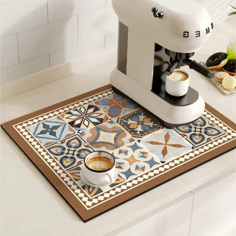 Diatomaceous Earth Drying Mat, Quick Dry Absorbent Stone Pad for Kitchen Counter, Coffee Bar, Dish Sink Drainer, Retro Tile Pattern | Lonoma