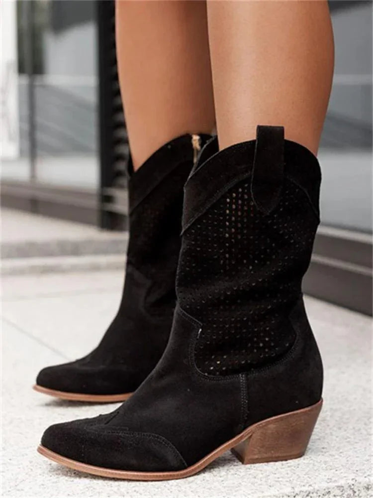 Perforated Western Boots with Block Heel in White, Black, Khaki & Brown – Pointed Toe Cowboy-Inspired Ankle Boots for Women | Koossa