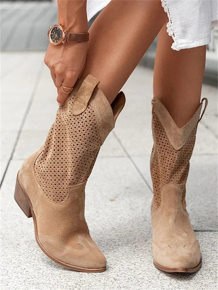 Perforated Western Boots with Block Heel in White, Black, Khaki & Brown – Pointed Toe Cowboy-Inspired Ankle Boots for Women | Koossa