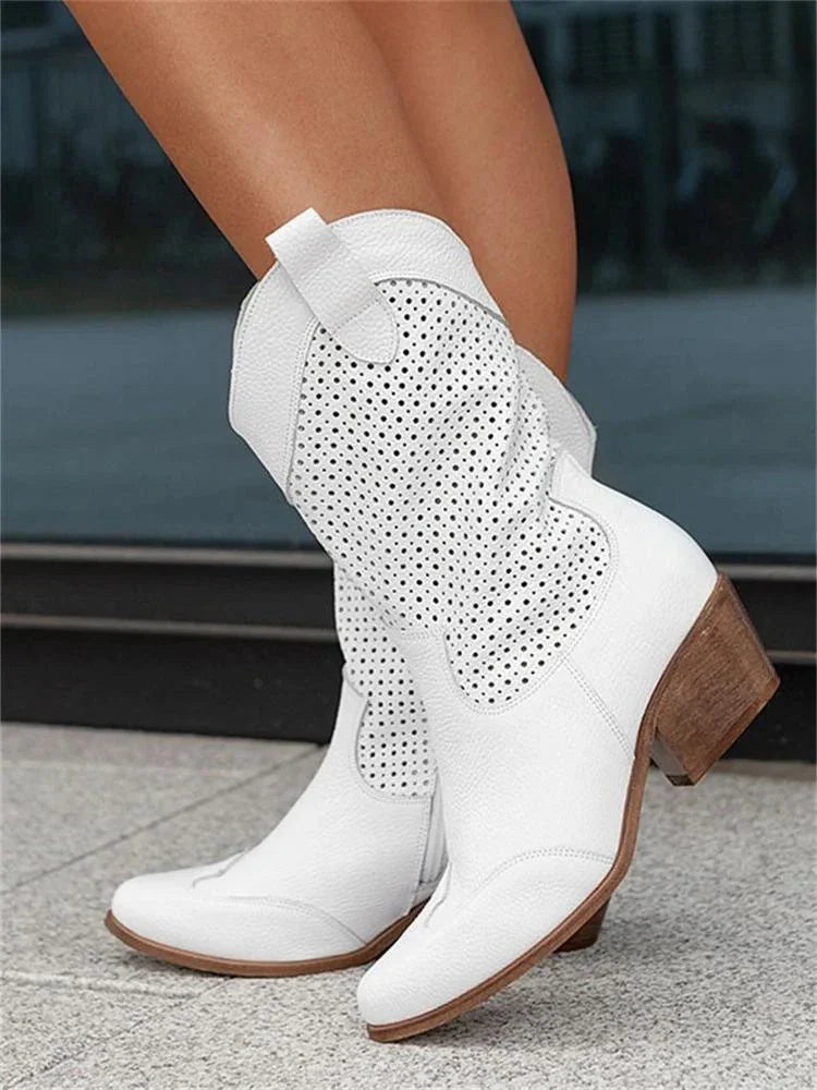 Perforated Western Boots with Block Heel in White, Black, Khaki & Brown – Pointed Toe Cowboy-Inspired Ankle Boots for Women | Koossa