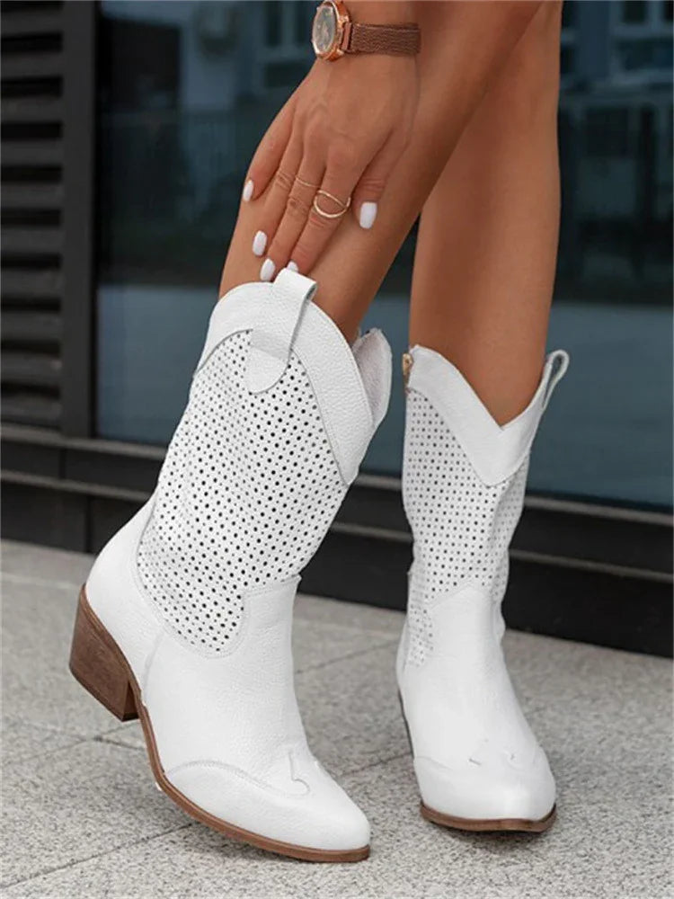 Perforated Western Boots with Block Heel in White, Black, Khaki & Brown – Pointed Toe Cowboy-Inspired Ankle Boots for Women | Koossa