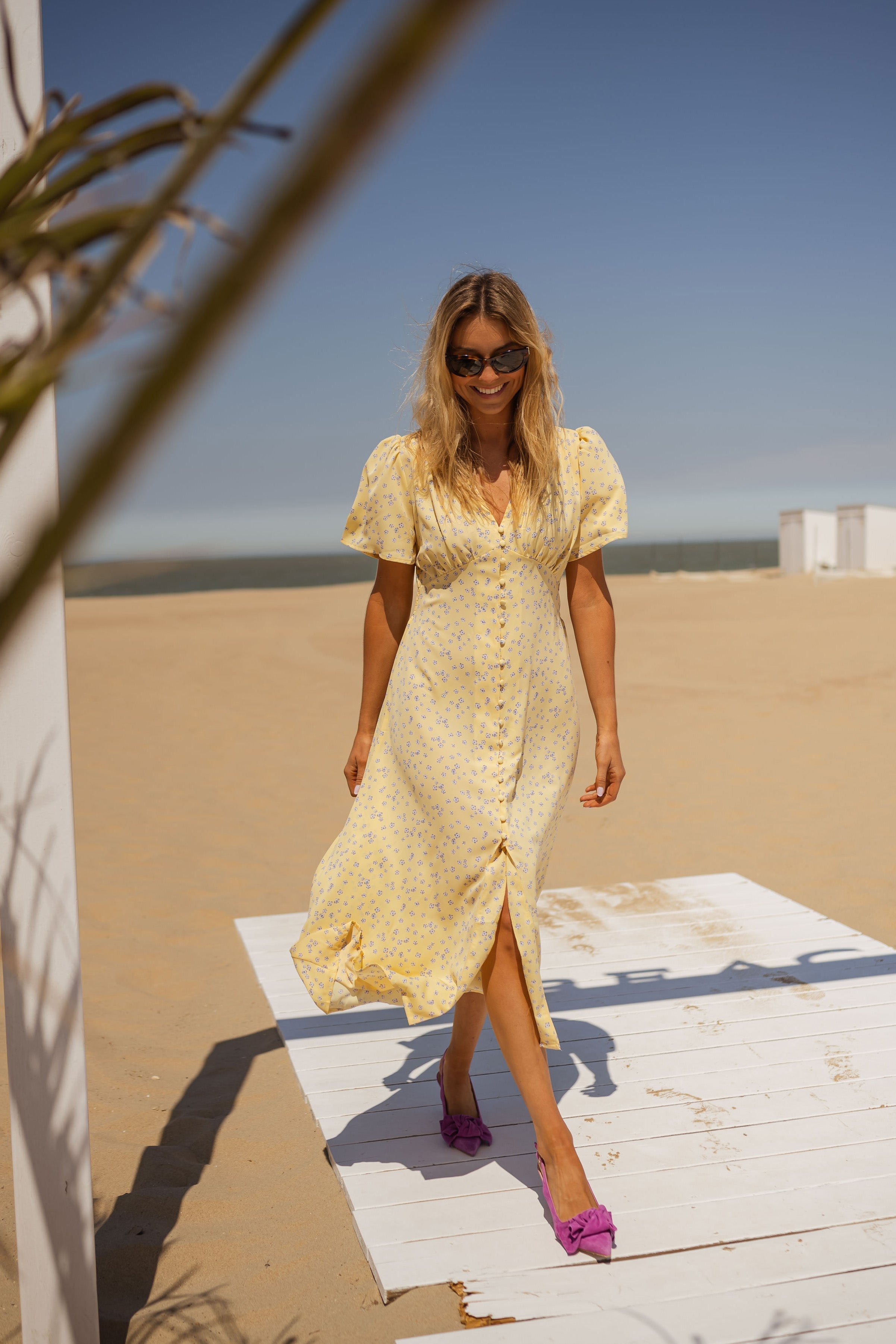 Women's Yellow Floral Midi Dress — Elegant Summer Dress with V-Neck & Puff Sleeves for Garden Parties | Koossa