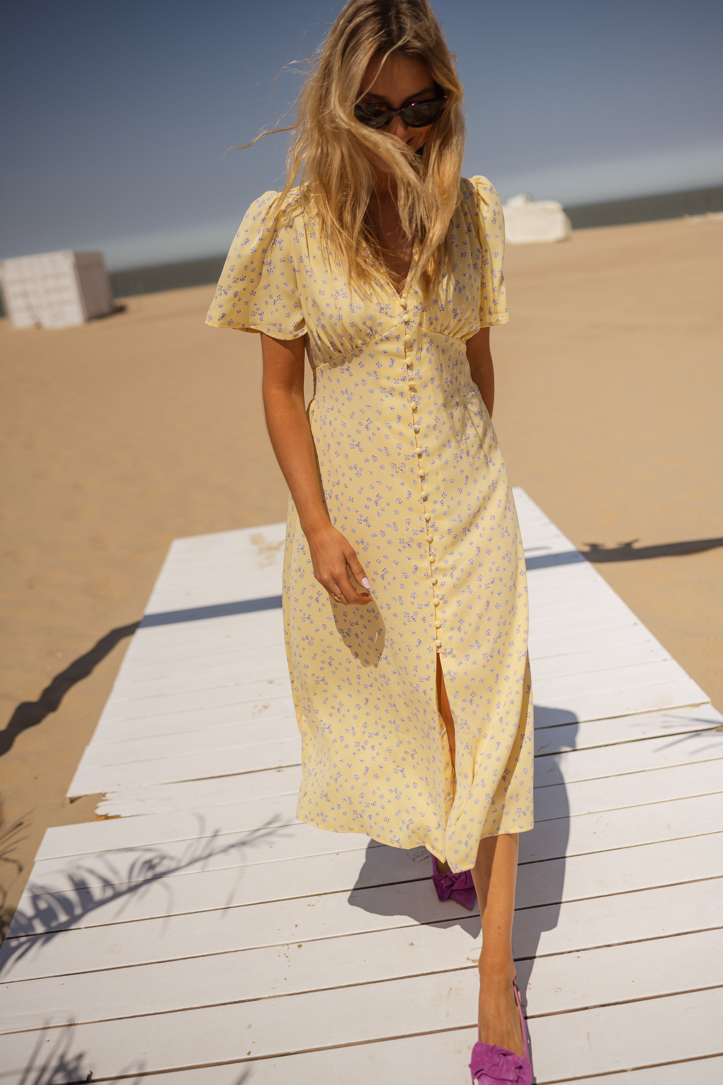 Women's Yellow Floral Midi Dress — Elegant Summer Dress with V-Neck & Puff Sleeves for Garden Parties | Koossa