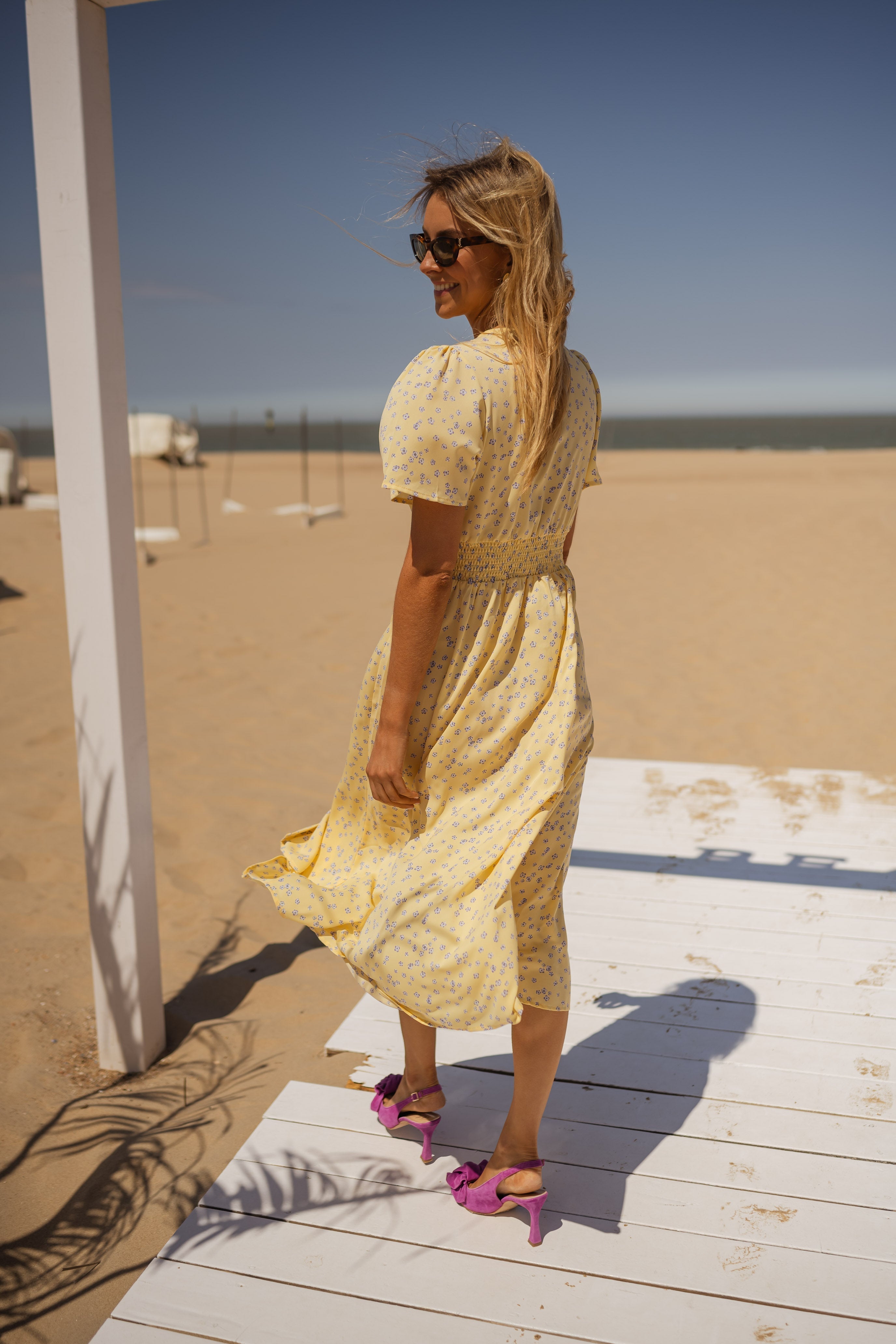 Women's Yellow Floral Midi Dress — Elegant Summer Dress with V-Neck & Puff Sleeves for Garden Parties | Koossa