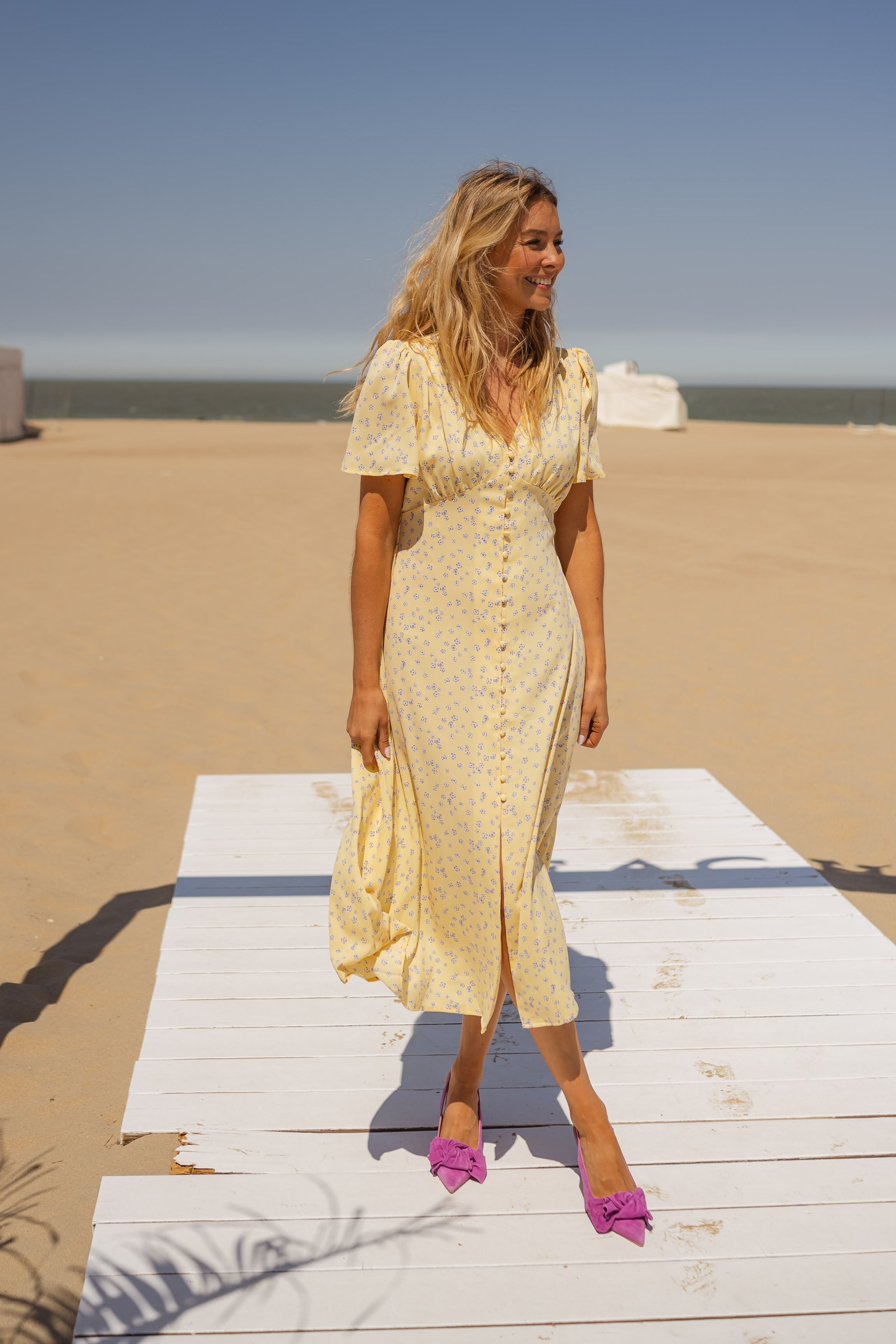 Women's Yellow Floral Midi Dress — Elegant Summer Dress with V-Neck & Puff Sleeves for Garden Parties | Koossa