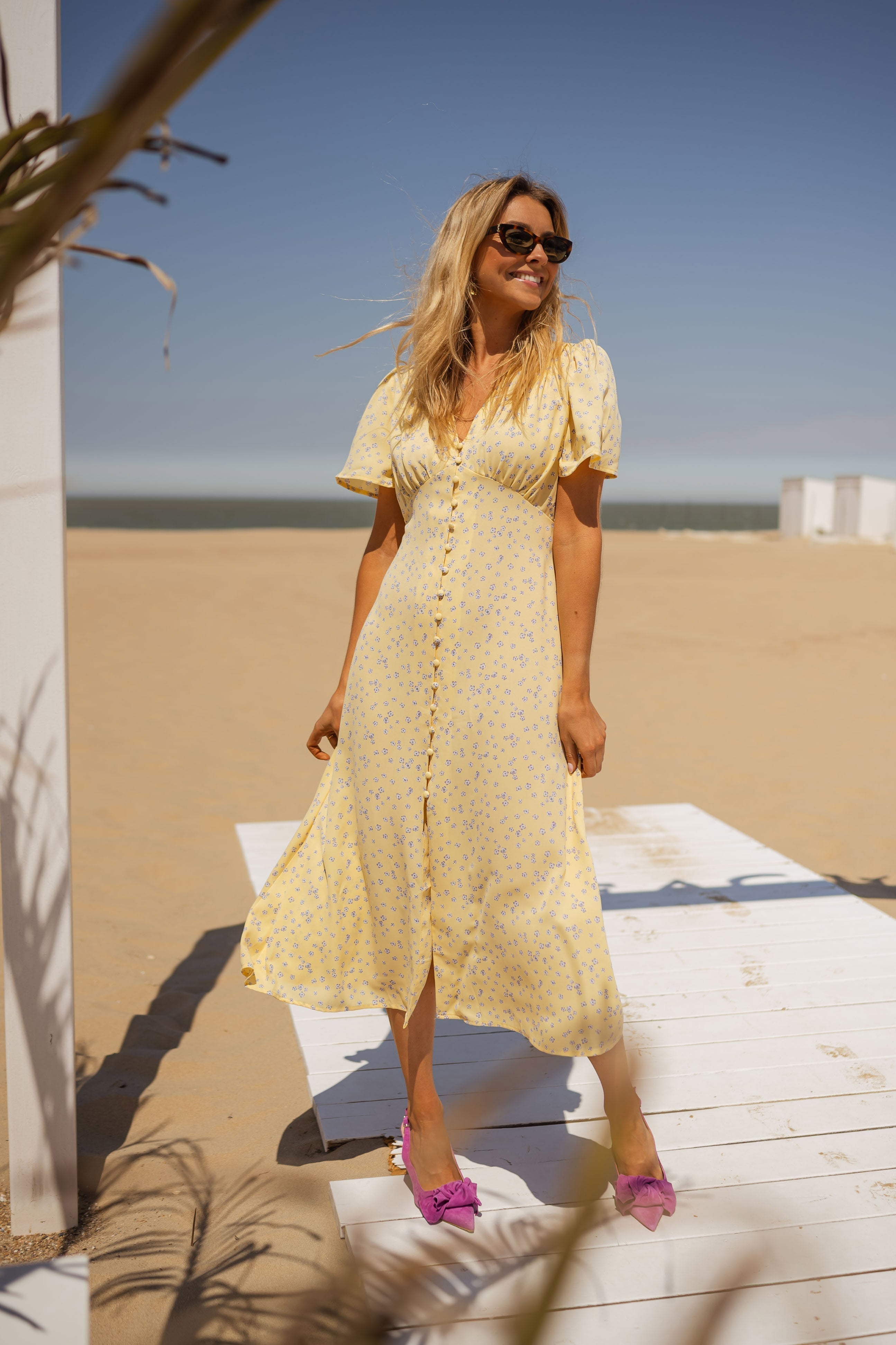 Women's Yellow Floral Midi Dress — Elegant Summer Dress with V-Neck & Puff Sleeves for Garden Parties | Koossa