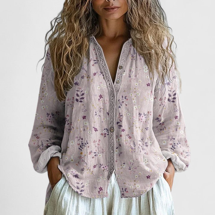Women's Botanical Print Button-Through Blouse in Flowing Viscose for Warm-Weather Elegance | Koossa