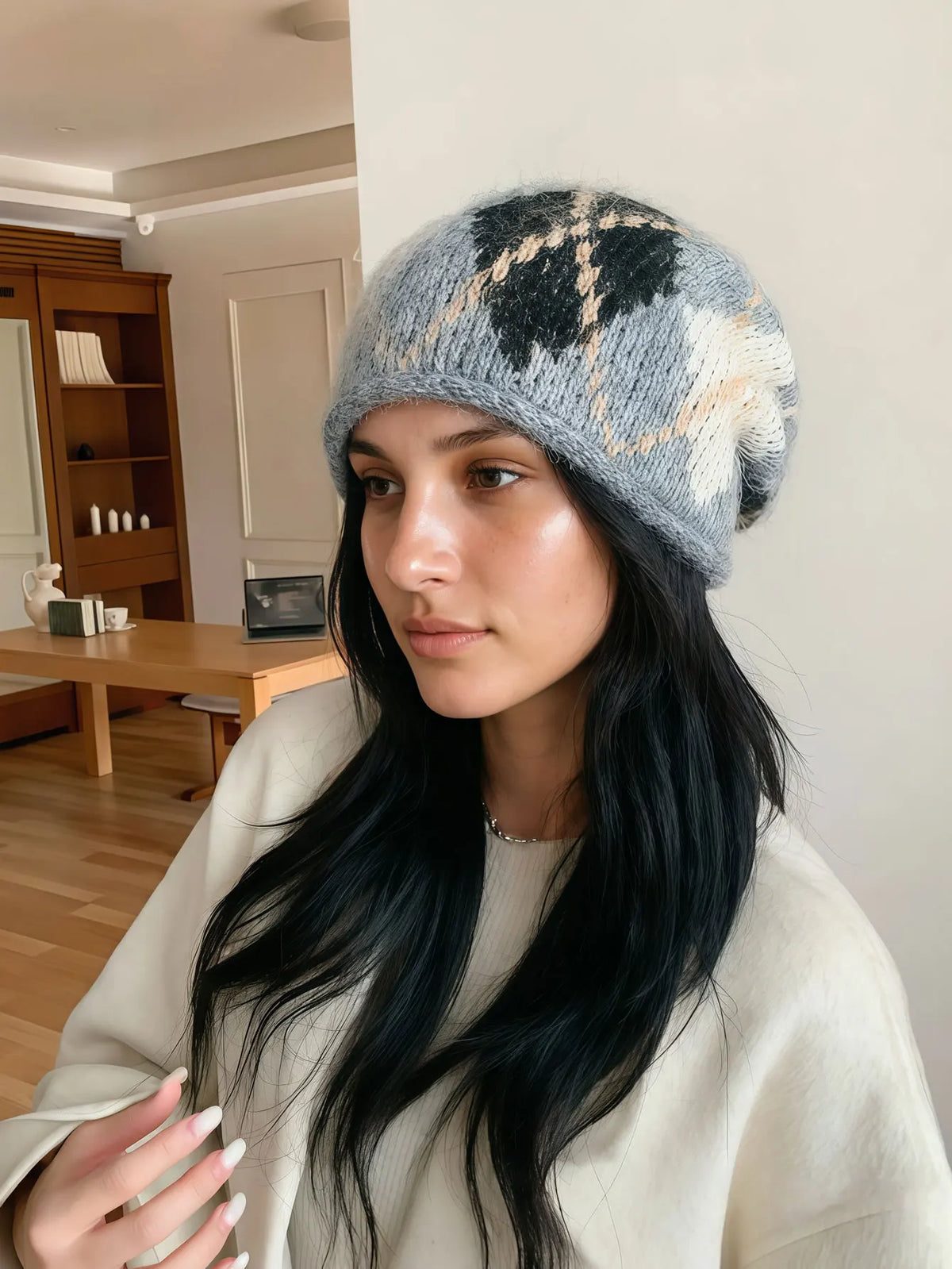 Knit Beanie with Ear Flaps Diamond Plaid Pattern Winter Hat Unisex Cold Weather Headwear Casual Outdoor Warm Cap | Lonoma