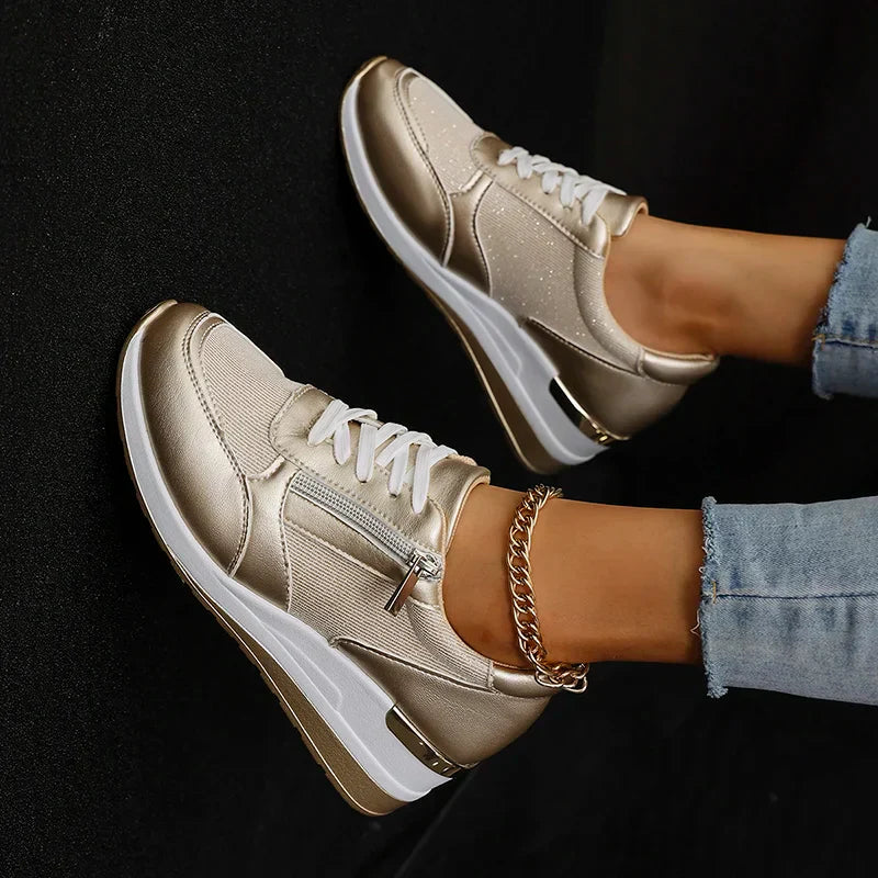 Women's Wedge Trainers with Side Zip in Metallic Finish for Smart Casual Wear | Koossa