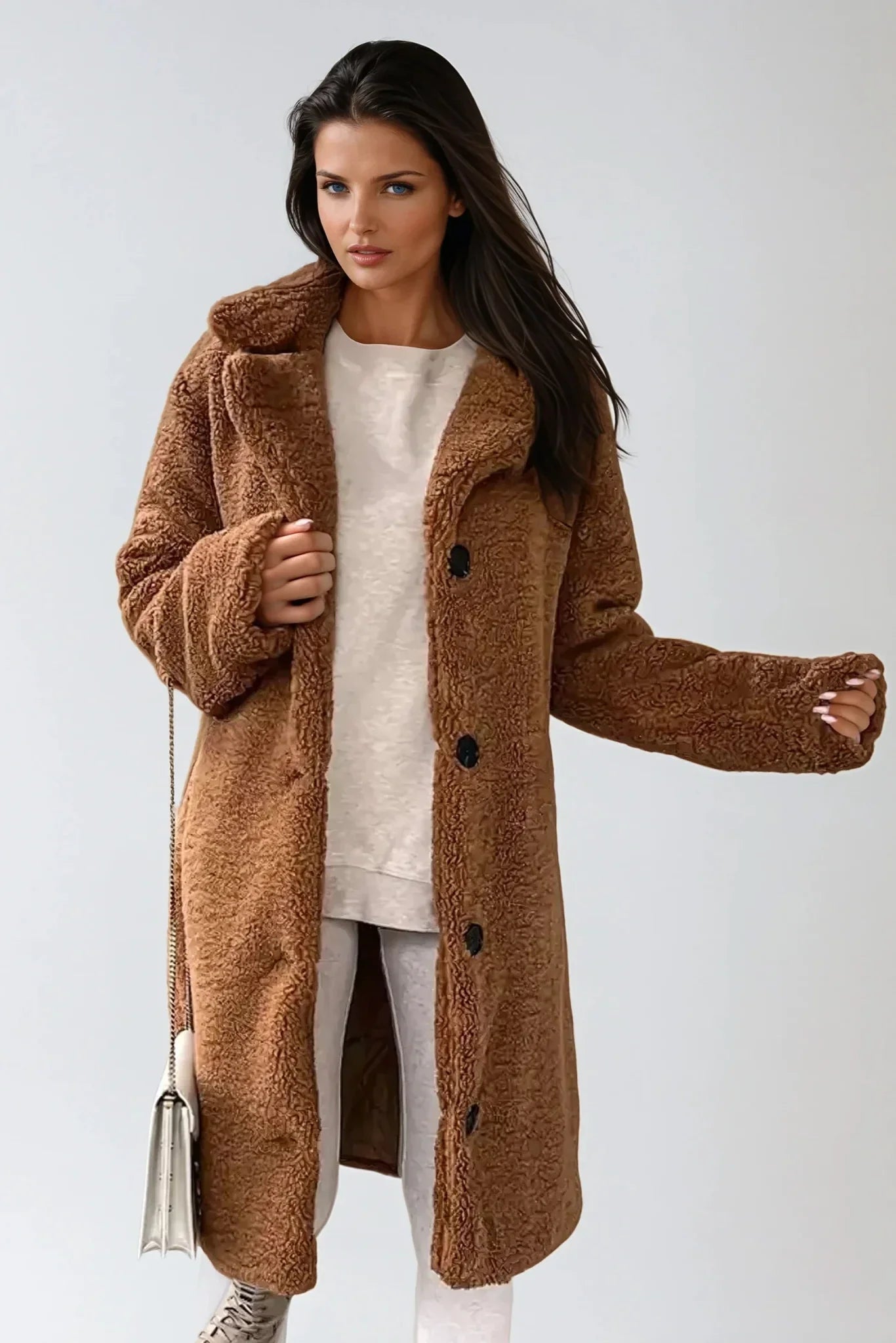 Longline Faux Fur Coat in Soft Teddy Texture with Notched Collar for Elegant Winter Layering | Koossa