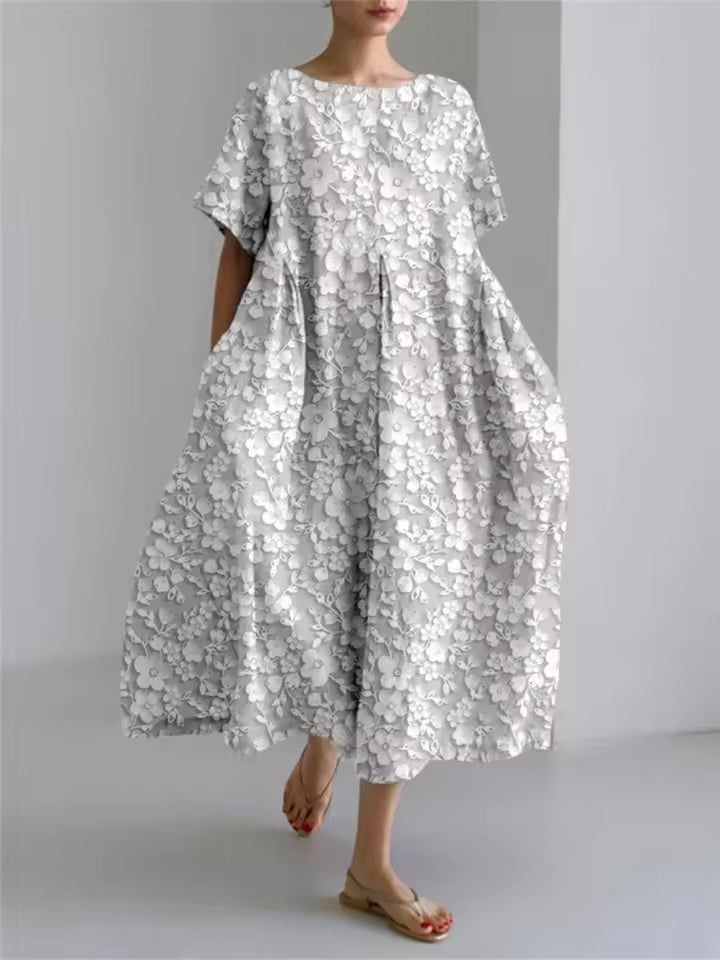 Women's Floral Midi Dress with Relaxed Silhouette and Round Neckline for Effortless Elegance | Koossa