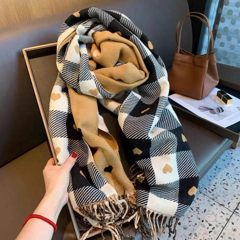 Oversized Plaid Blanket Scarf for Women – Thick Knit Winter Wrap Shawl with Heart Design for Cold Weather | Lonoma