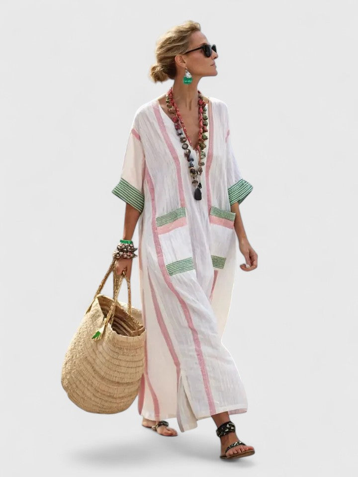 Women's V-Neck Maxi Dress in Lightweight Fabric with Relaxed Flowing Silhouette for Summer Occasions | Koossa