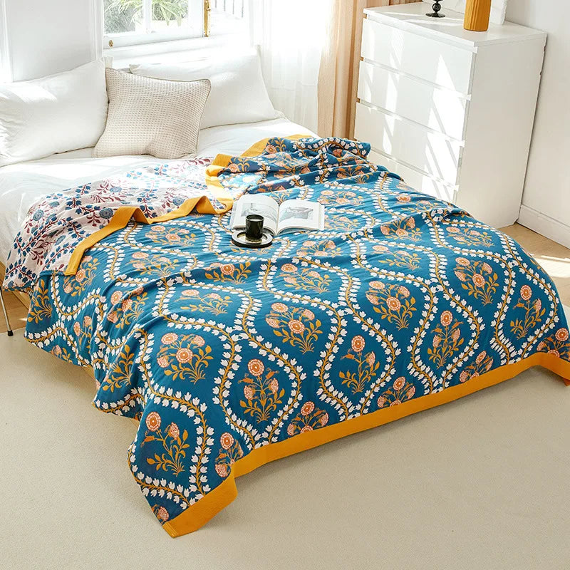 Lightweight Cotton Gauze Blanket Floral King Size Breathable Summer Coverlet for Bed Sofa Throw All-Season | Lonoma