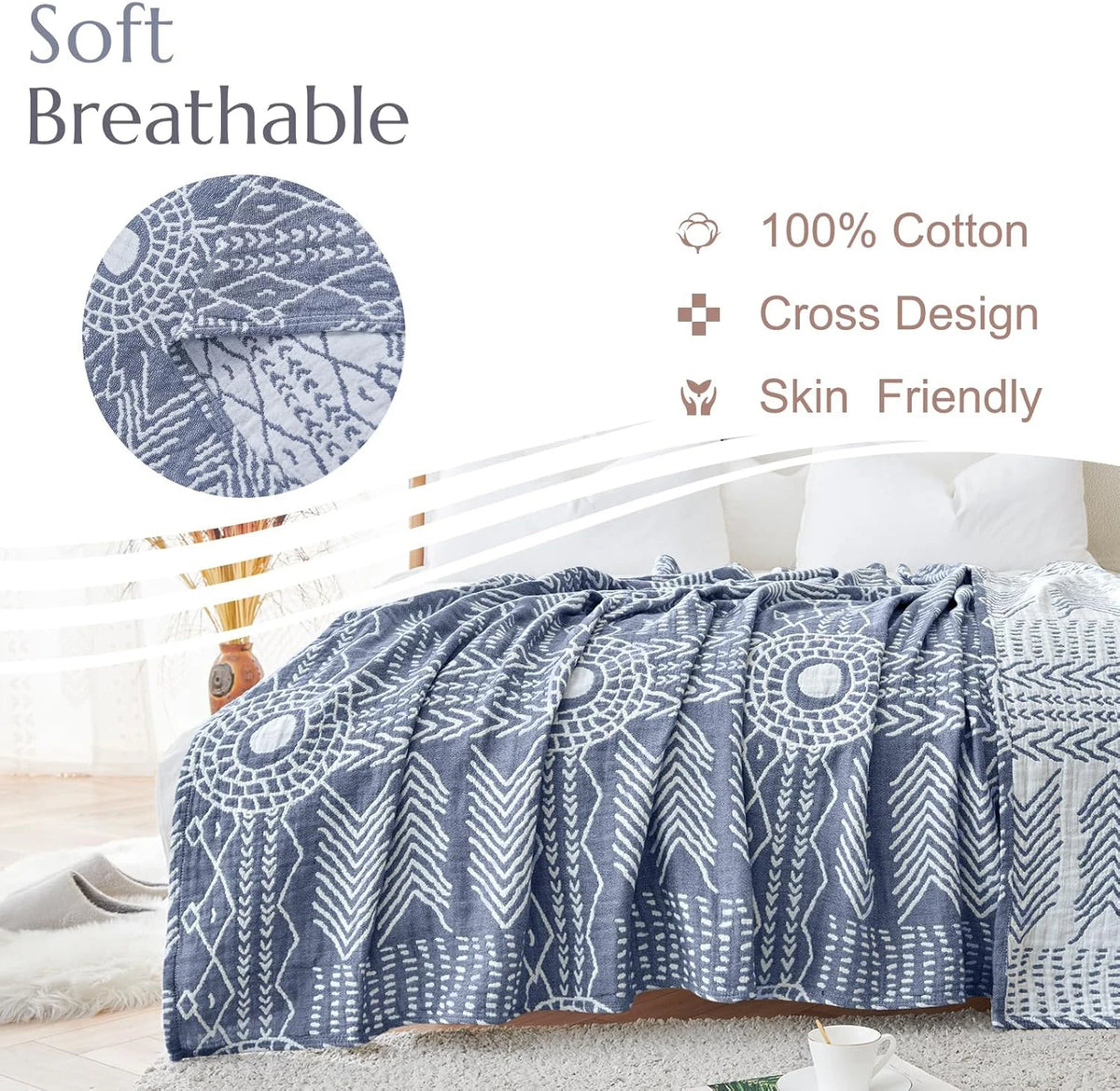 Cotton Throw Blanket Triple Layer Reversible Geometric Pattern for Couch Bed Sofa All Season Lightweight Breathable Boho Decorative Quilt | Lonoma